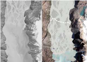 Billedet viser et delta i Vestgrønland fotograferet i 1985 og til højre det samme delta i 2010. Det viser tydeligt, hvordan deltaet er blevet forlænget med flere kilometer i løbet af denne 25-årige periode.
