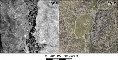 Luftfotos fra henholdsvis 1953 og 2015 viser tydeligt en hastig byudvikling i Jerash.