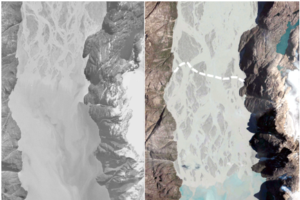 Billedet til venstre viser et delta i Vestgrønland fra 1985, og billedet til højre er samme delta fotograferet i 2010. Her ses det tydeligt, hvorledes deltaet er vokset med flere kilometer på blot 25 år. (Foto: CENPERM)