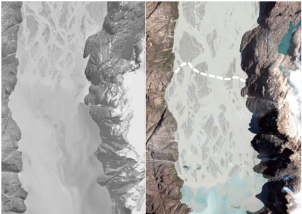 The photo on the left shows a delta in West Greenland photographed in 1985 and on the right the same delta in 2010. It clearly shows how the delta has been extended by several kilometres over this 25-year period. (Foto: CENPERM)