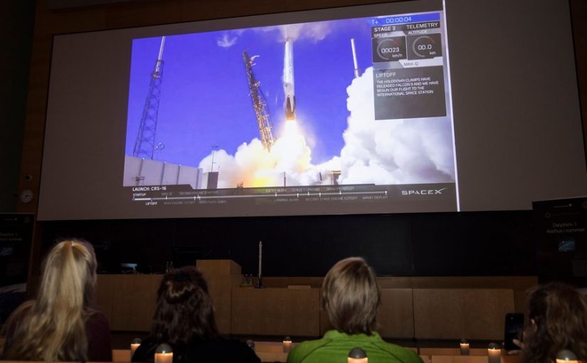 Here staff at Aarhus University watch pictures of the university’s first satellite, Delphini-1,as it was sent to the international space station (ISS).