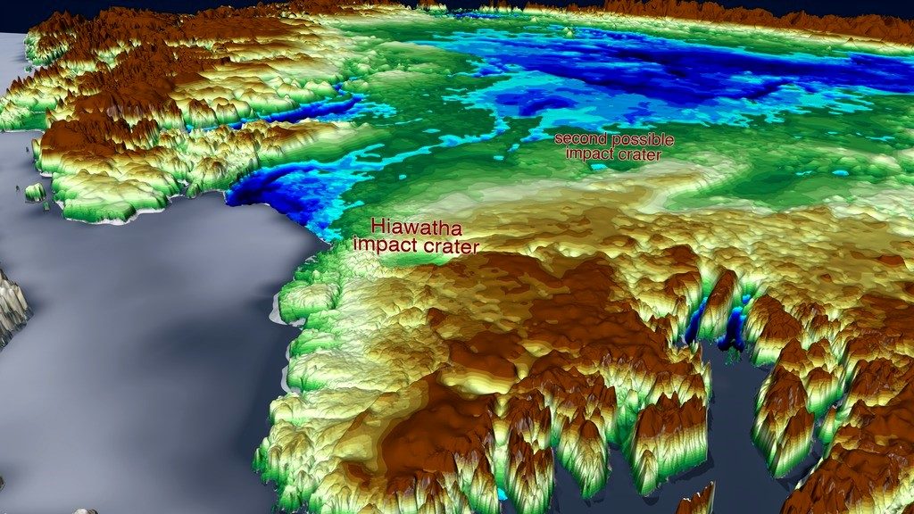 Billedet viser lokationen for det nye mulige meteorkrater fundet i det Nordvestlige Grønland, ikke langt fra Hiawatha-krateret, som blev opdaget i slutningen af 2018.