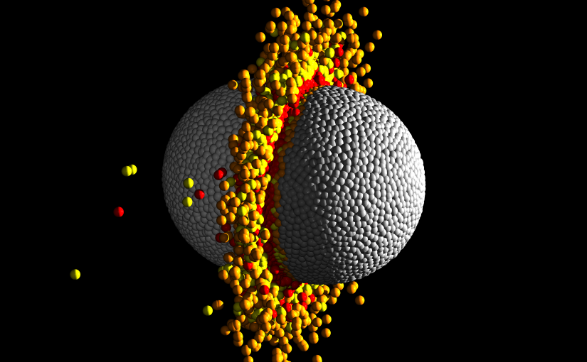 Superjordkloder i kollision. Billedet viser et enkeltbillede fra en computersimulering af to planeter, som hver vejer 10 gange mere end Jorden. Temperaturerne ved sammenstødet er vist ved farverne, så grå er koldest og rød er varmest. Ved sådan en kollision kastes der store mængder klippematerialer ud i rummet, så resultatet bliver en meget metalrig og tung planet, som det ses med Kepler-107c.