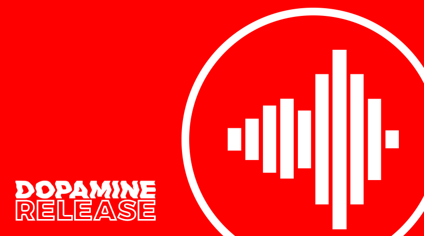 Fotoet er Dopamine Release's logo med et ikon der afspejler lydfrekvenser på en rød baggrund. 
