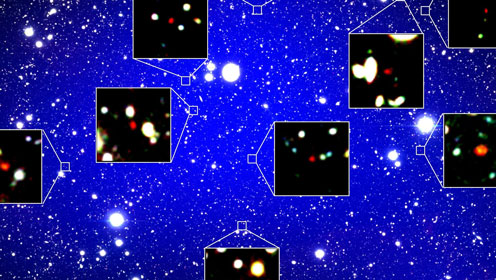 Den fjerneste protohob opdaget af Subaru teleskopet. Den blå skygge viser protohobens beregnede udstrækning og den blå farve indikerer en højere tæthed af galakser i protohoben. De røde objekter forstørrelserne er de 12 galakser, som er fundet i hoben.