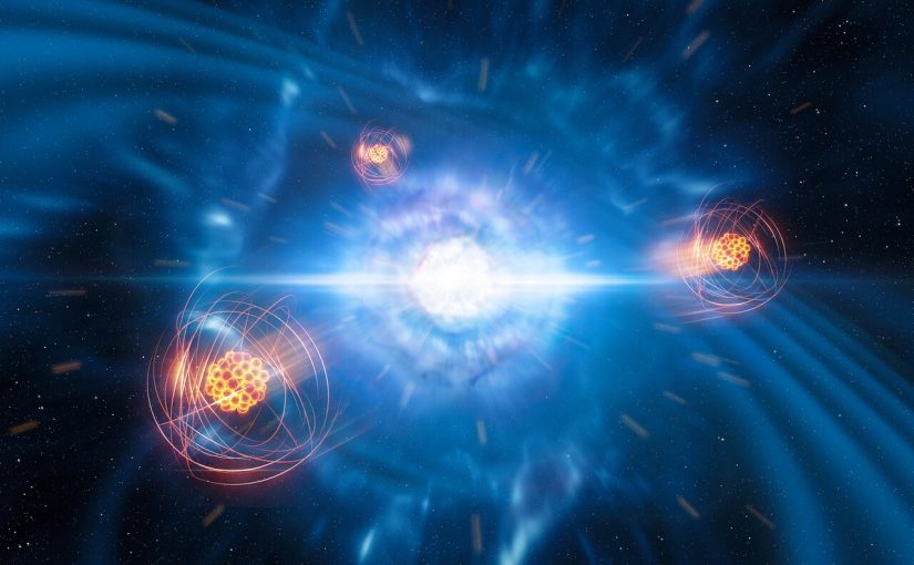 Et europæisk forskerhold har anvendt data fra instrumentet X-shooter på ESOs Very Large Telescope til at identificere strontium, som er dannet ved et neutronstjernesammenstød. Illustrationen viser to små, men eget tætte neutronstjerner lige idet de smelter sammen og eksploderer som en kilonova. I forgrunden ser vi det nydannede strontium