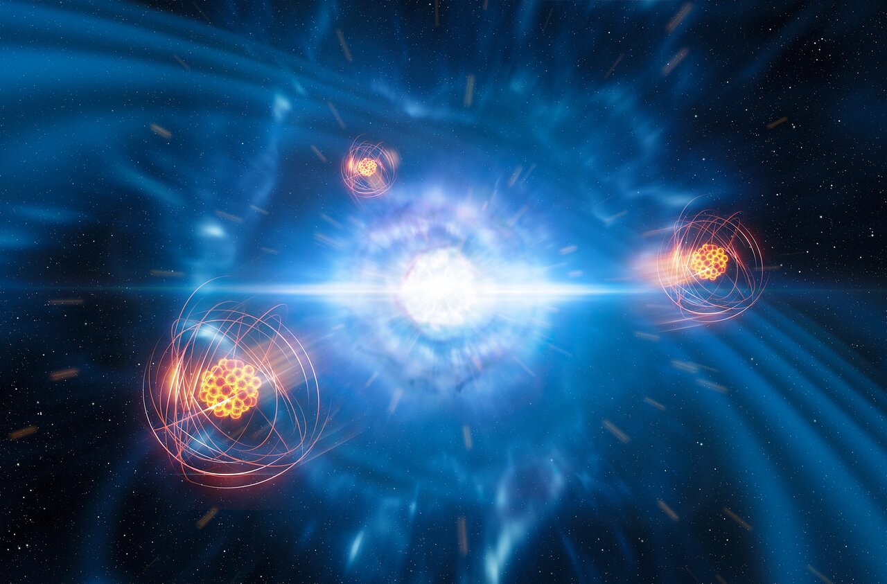 Illustrationen viser to små, men eget tætte neutronstjerner lige idet de smelter sammen og eksploderer som en kilonova. I forgrunden ser vi det nydannede strontium.