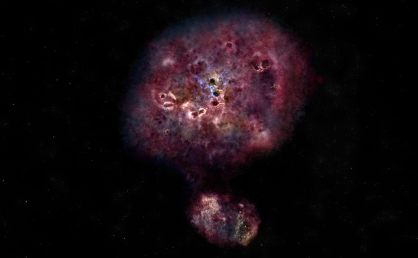 En kunstnerisk fremstilling af, hvordan glaksen MAMBO-9 ville se ud i synligt lys. Galaksen er meget støvet og mange stjerner er forsat under dannelse.