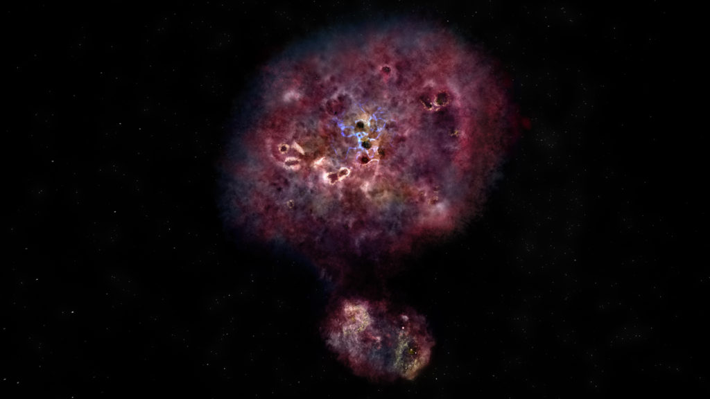 En kunstnerisk fremstilling af, hvordan glaksen MAMBO-9 ville se ud i synligt lys. Galaksen er meget støvet og mange stjerner er forsat under dannelse. 