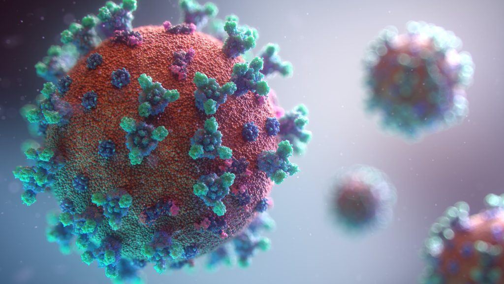 The image shows a visualization of the COVID-19 virus.