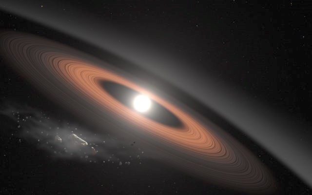 Illustration of a white dwarf surrounded by dust rings. 