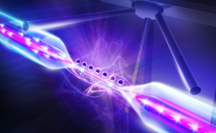 Lyspartikler under mødet med atomer, idet de passerer gennem en glasfiber.