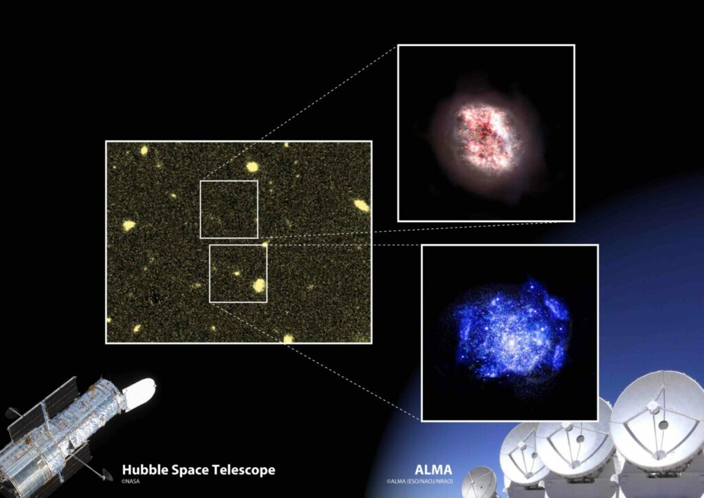 "REBELS-29"-feltet af galakser, som er observeret med Hubble-teleskopet. I den øverste boks ses ingen galakser, men ved at observere det samme felt med ALMA-observatoriet afsløredes en "skjult" galakse. Foto: Fudamoto, Oesch et al. (2021), HST/NASA/ESA.