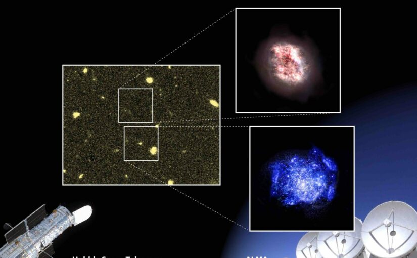 "REBELS-29"-feltet af galakser, som er observeret med Hubble-teleskopet. I den øverste boks ses ingen galakser, men ved at observere det samme felt med ALMA-observatoriet afsløredes en "skjult" galakse. Foto: Fudamoto, Oesch et al. (2021), HST/NASA/ESA.