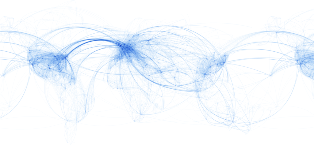 Billedet illustrerer verdens kommercielle flyruter. Det eksemplificerer samtidig, hvordan juridiske regler påvirker global adgang til flyrejser og andre former for menneskelig mobilitet. 